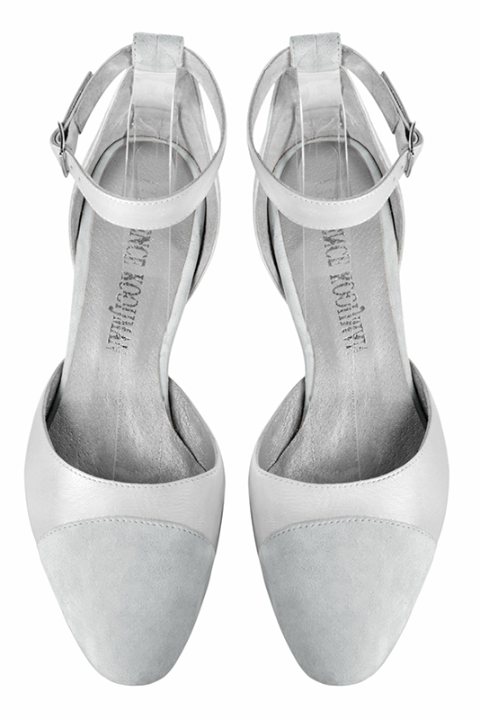 Pearl grey and light silver women's open side shoes, with a strap around the ankle. Round toe. High kitten heels. Top view - Florence KOOIJMAN
